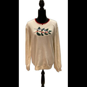 Vintage Christmas Sweatshirt Cream Color Size 1X w/ Unique Embroidery Blue Jays